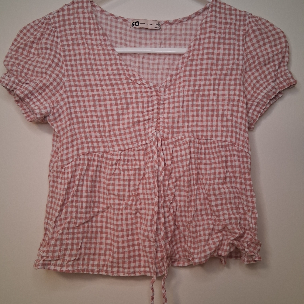 SO Women's Pink Gingham Babydoll Top